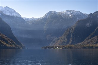 Königssee with Steinernes Meer, autumnal mountain landscape, Berchtesgaden National Park,