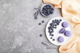 Purple macarons or macaroons cakes with blueberries on white ceramic plate on a gray concrete