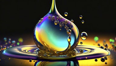 Colourful iridescent plastic drops and bubbles filled with oily liquids, 3D, digital art, AI