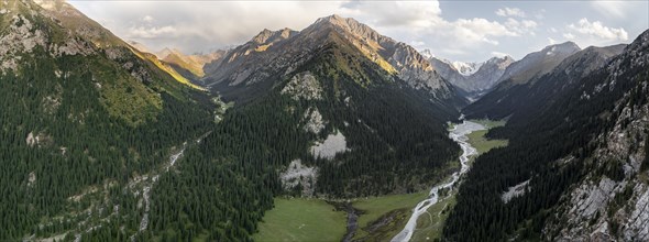 Aerial view, Green Mountain Valley, Chon Kyzyl Suu, Tien-Shan Mountains, Kyrgyzstan, Asia