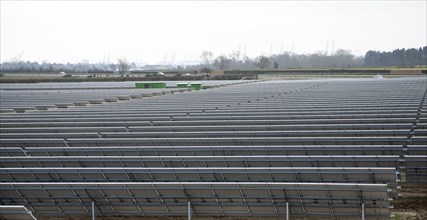 Solar array of photovoltaic panels in a large new solar park at Bucklesham, Suffolk, England,