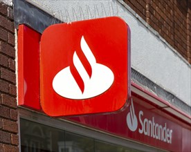 Santander bank logo sign, Felixstowe, Suffolk, England, UK