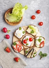 Set of different sandwiches with cheese, radish, lettuce, strawberry, sprats, tomatoes and cucumber