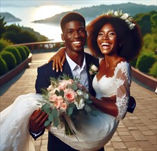 A happy laughing African-American bride and groom, the groom carries the bride on his hands, AI