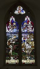 Village parish church of All Saints, Maiden Bradley, Somerset, England, UK stained glass memorial