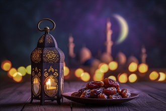 Ramadan lantern with a plate of succulent figs in violet purple tones with mosque and moon, set on