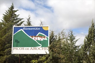 Welcome sign for the Picos de Aroche, Aroche, Sierra de Aracena, Huelva province, Spain, Europe