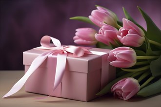 Gift Box with Pink Ribbon Beside bouquet of Fresh Tulips on Bokeh Background. Good for Valentine