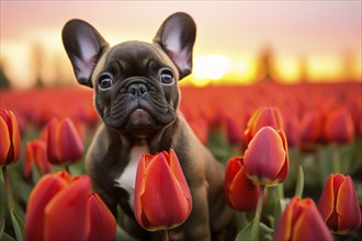 French Bulldog dog sitting in field of red tulip spring flowers. KI generiert, generiert AI