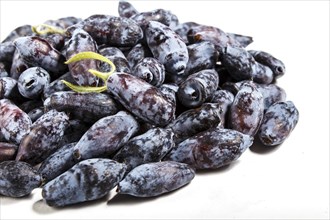 Pile of Blue honeysuckle (Lonicera caerulea) or Haskap berry isolated on white background. Closeup