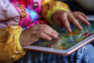 Close up of young toddler child's hands playing game on computer tablet. Generative Ai, AI