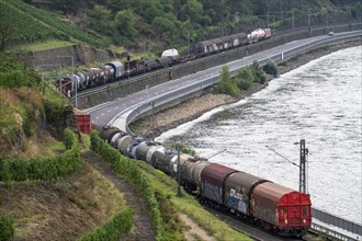 Upper Middle Rhine Valley, railway line on the right bank of the Rhine, goods train line, up to 400