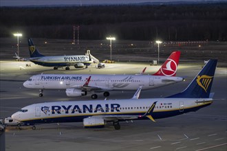 Ryanair and Turkish Airlines aircraft on the apron of Cologne-Bonn Airport, North Rhine-Westphalia,