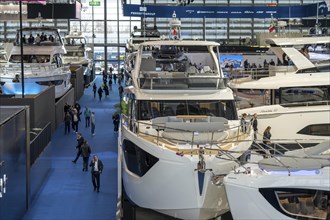 Large yachts, luxury yachts, in Hall 6 of BOOT 2024, the world's largest yacht and water sports