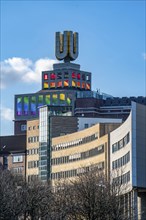 The Dortmunder U, art museum, former brewery, video screens with the rainbow flag, solidarity