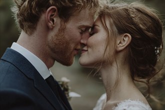 Young couple in love kissing on wedding day. Generative Ai, AI generated