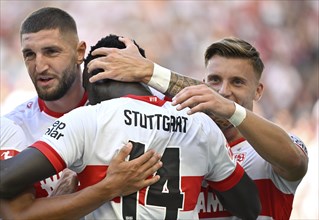 Goal celebration Silas Katompa Mvumpa VfB Stuttgart (14) (centre) Jeff Chabot VfB Stuttgart (24),