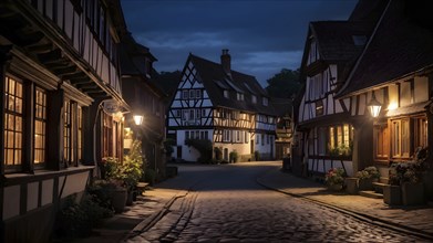 Traditional half timbered house nestled within the heart of a picturesque village at night, AI