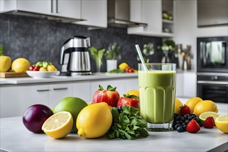 Smoothie surrounded by an assortment of fruits and vegetables, AI generated