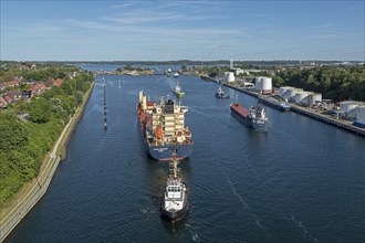 Cargo ships waiting in front of the lock, Kiel Canal, Holtenau, Kiel, Schleswig-Holstein, Germany,