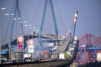 Traffic on the Köhlbrand Bridge in the port of Hamburg, spans the 325 m wide Köhlbrand, an arm of