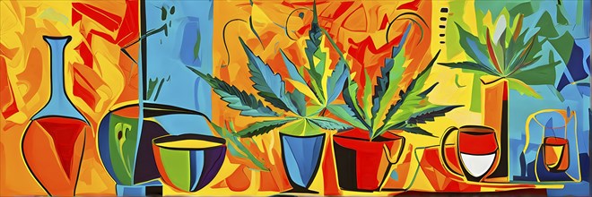 Abstract composition of a cannabis cafe with ambiance bold contrasting colors and playful shapes,