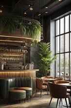 Stylish empty cannabis cafe interior in cozy modern design, AI generated