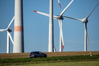 Wind farm near Lichtenau, wind turbines, country road, Driburger Straße, North Rhine-Westphalia,