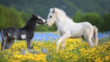 Two foals playing in a flower meadow, horse studio, AI generated