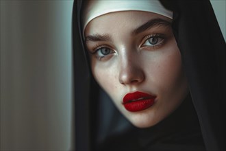 Attractive woman with red lipstick and christian nun habit with veil. Generative Ai, AI generated