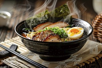 Ramen with miso broth, tender pork slices, soft-boiled egg, and nori in bowl. Generative Ai, AI