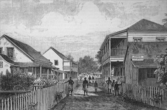 Street in Apia on the Samoa Islands, Samoa, in 1880, Historical, digital reproduction of an