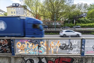 Motorway A40, Ruhrschnellweg, in the through road in Essen, noise barrier, North Rhine-Westphalia,