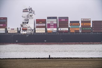 Thick fog in winter, hanging over the mouth of the Elbe into the North Sea, container ship NYK