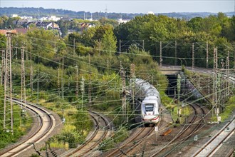 Tracks in front of Essen main station, 7 parallel tracks, ICE 4 train, North Rhine-Westphalia,