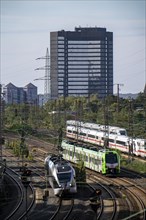 Railway tracks in front of Essen main station, ICE 2 train and ICE 4, behind, on the tracks, S-Bahn