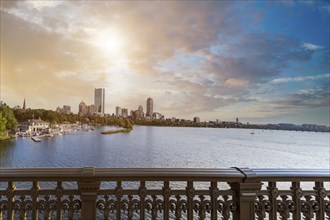 Panoramic view of Boston downtown and historic center from the landmark Longfellow bridge over