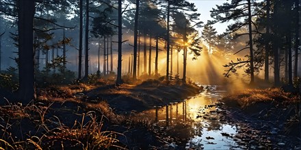 Fog covered forest in autumn with mystic golden sunlight, AI generated