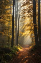 Fog covered forest in autumn with mystic golden sunlight, AI generated