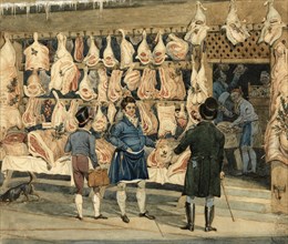 The meat market around 1830 in London, England, Historical, digitally restored reproduction from a