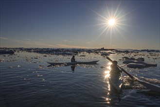 Inuit children paddling kayaks between icebergs, sunny, summer, Ilulissat, Ilulissat Icefjord,