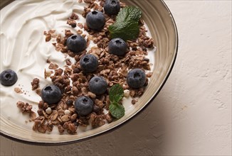 Yogurt with chocolate muesli, with berries, blueberries, breakfast, close-up, fork on top, no