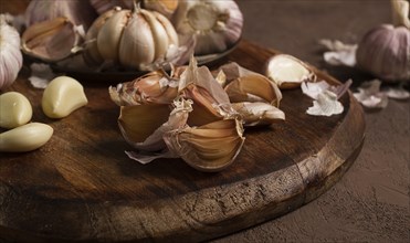 Fresh garlic, on a dark background, top view, food concept