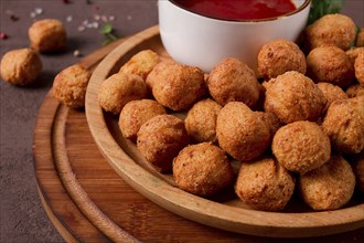 Chicken popcorn, deep fried, nuggets, close-up, rustic, no people