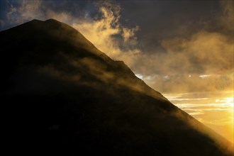 Montafon mountains with dramatic cloudy sky at sunset, Tschagguns, Rätikon, Montafon, Vorarlberg,