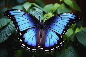 Beautiful stylized blue monarch butterfly on natural leaves environment, AI generated