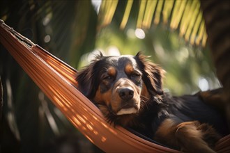 Dog relaxing in hammock with tropical trees in background. AI generated