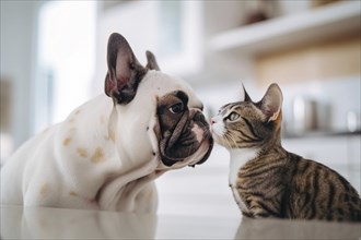 French Bulldog dog and cat. AI generated