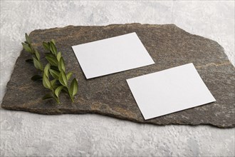 White paper business card, mockup with natural stone and boxwood branch on gray concrete background