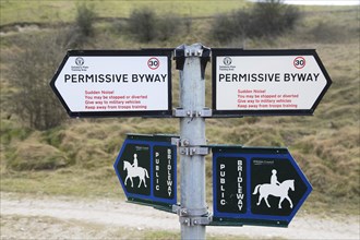 Byway and bridlepath access signs on signpost, Salisbury Plain, Wiltshire, England, UK